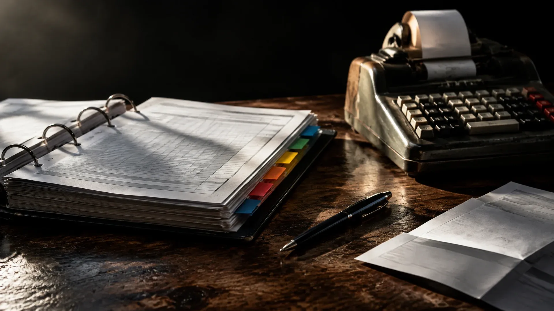 Open tax folder with coloured index tabs beside an old desk calculator with a paper roll on a worn wooden table, a ballpoint pen next to it