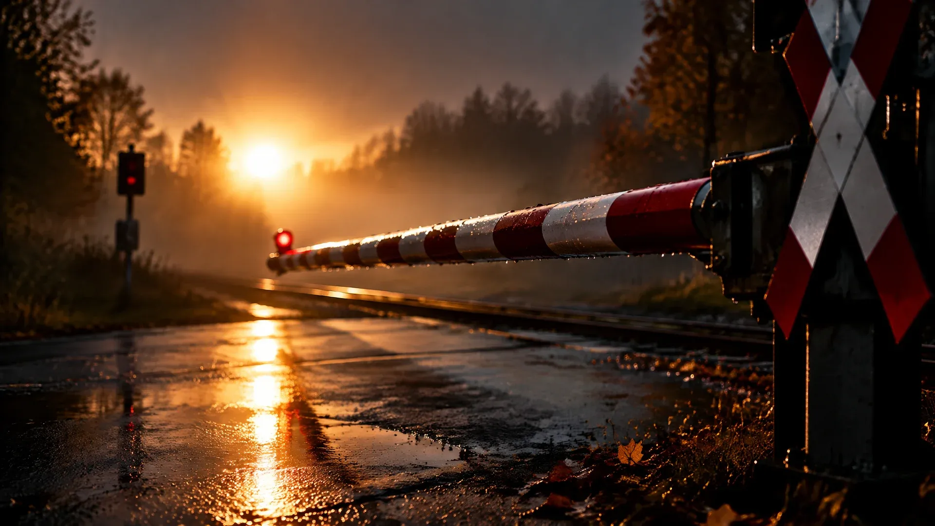 Sich senkende rot-weiße Bahnschranke am leeren Bahnübergang im Gegenlicht der tiefstehenden Herbstsonne