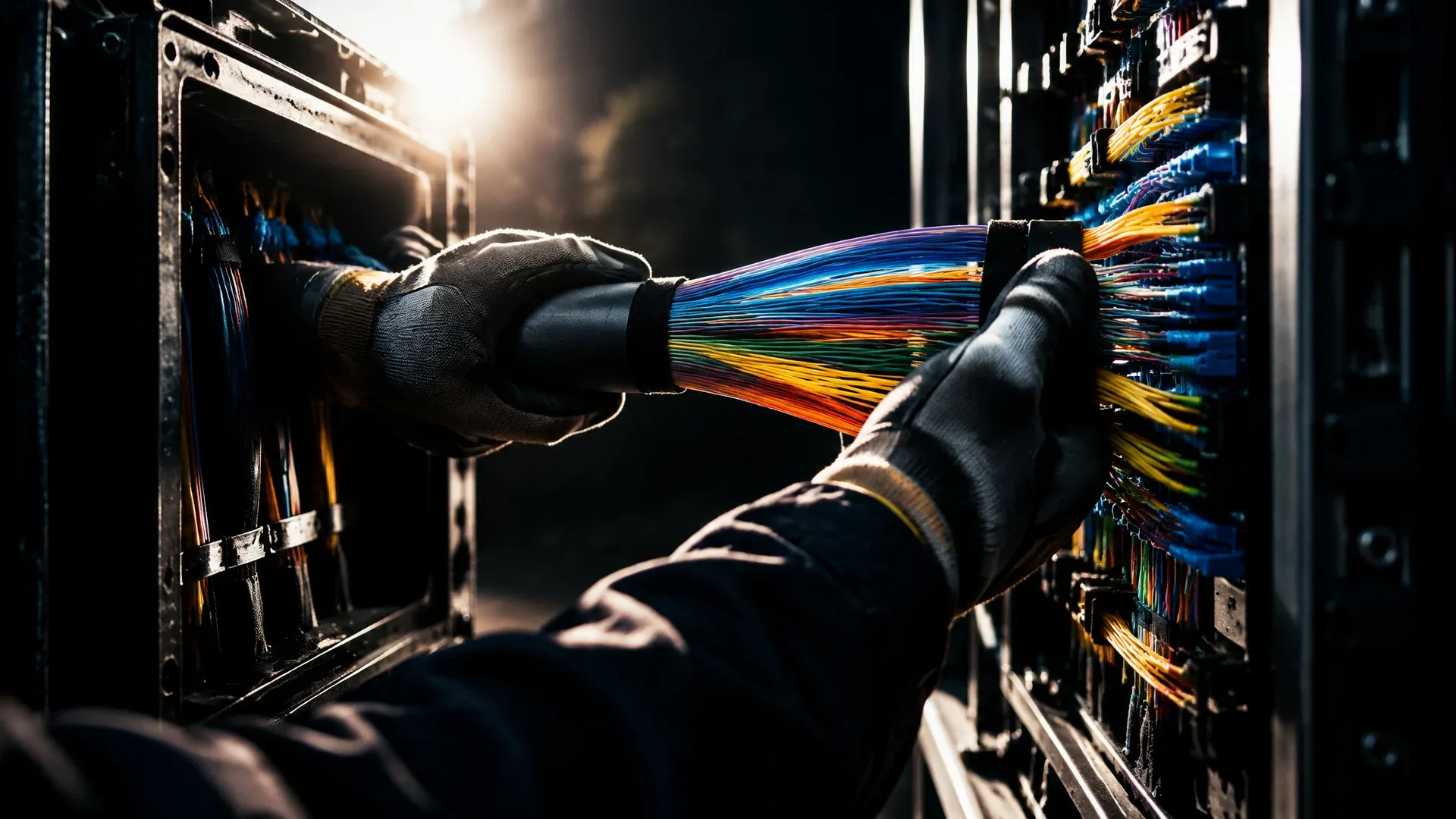 A bundle of fibre optic cables being moved from an old distribution frame into a densely populated new frame