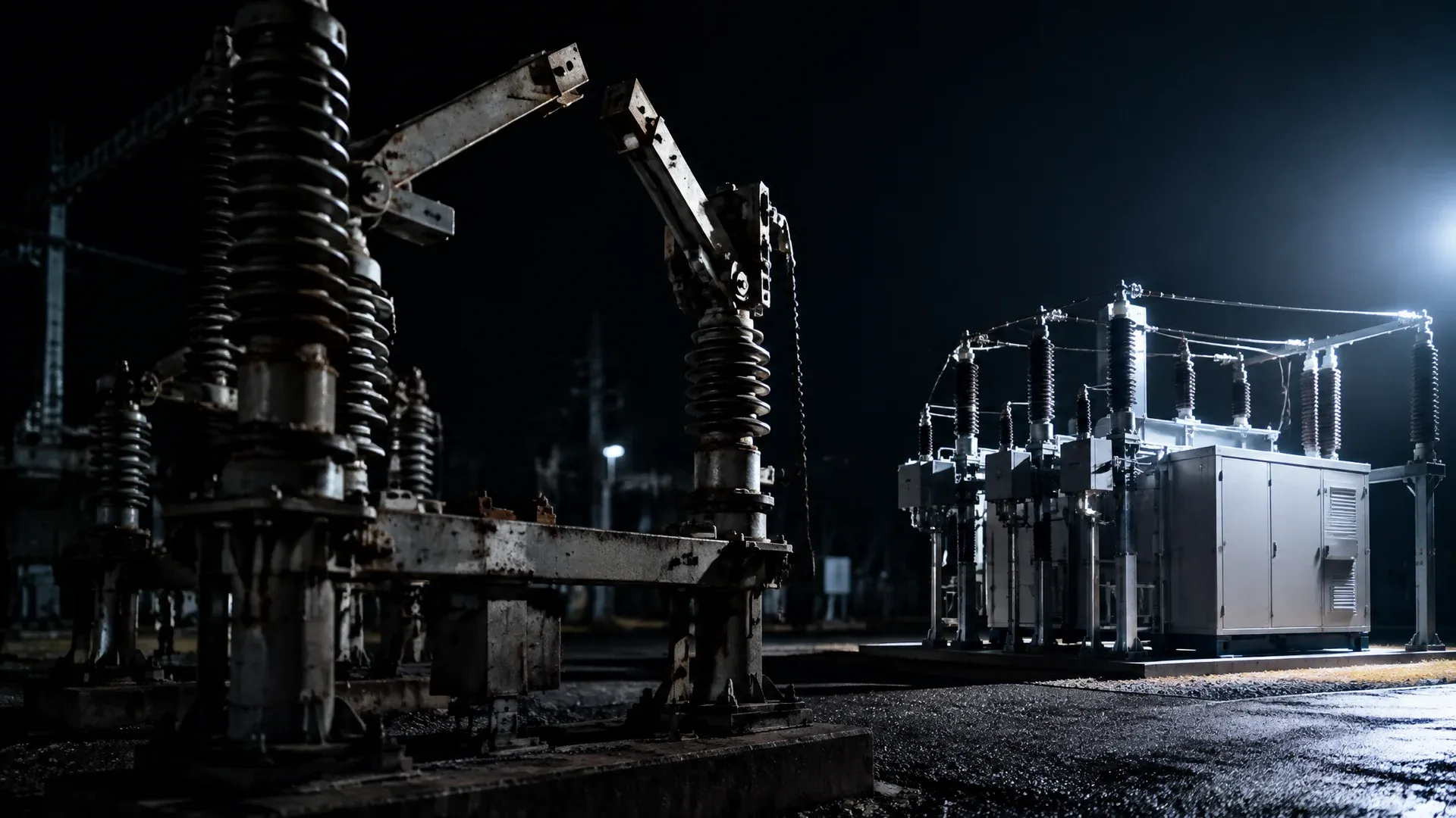A decommissioned switchgear unit with its isolator open in a substation at night, beside a new unit still in operation
