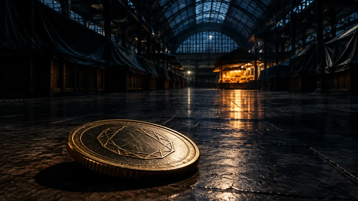 Verlassene Markthalle aus Stahl und Glas bei Nacht mit einem einzigen beleuchteten Stand, im Vordergrund eine Münze mit vieleckigem Symbol