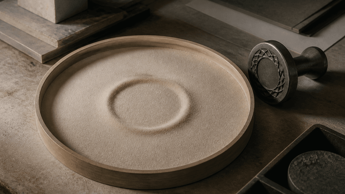Flache Holzschale mit glatt gestrichenem Sand, darin ein einzelner geometrischer Ringabdruck mit bereits verwehten Raendern, daneben ein schwerer Metallstempel