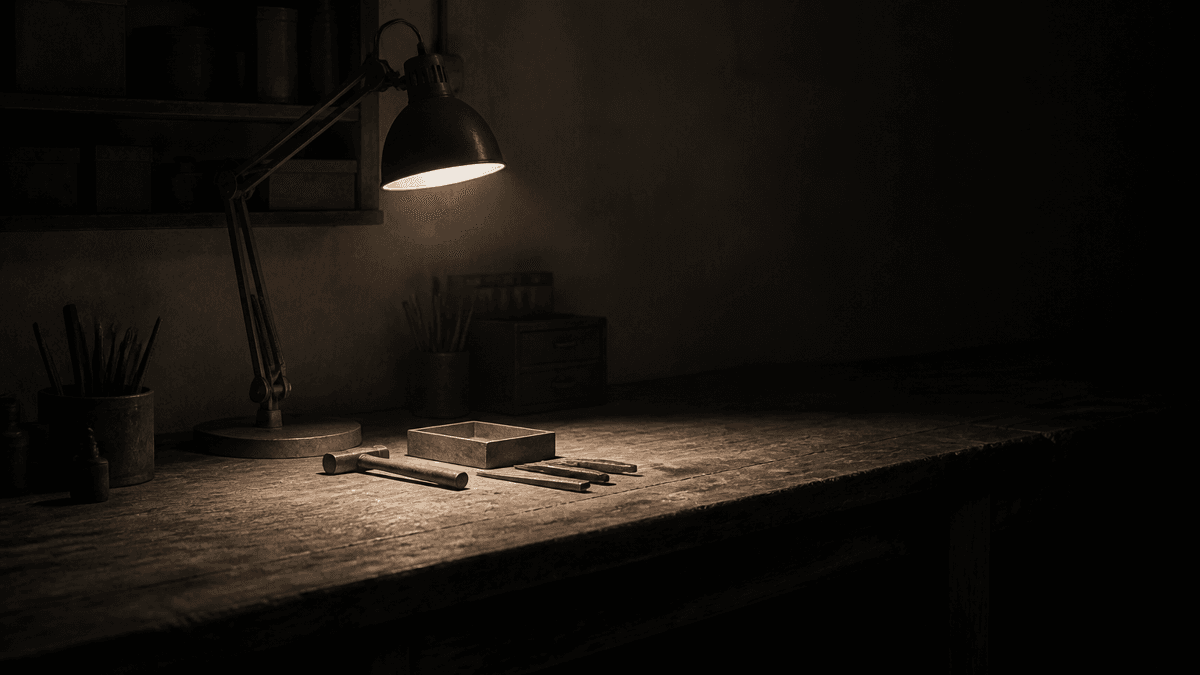 Werkstattlampe mit Metallschirm ueber einer langen Holzwerkbank, ihr Lichtkegel erfasst nur einen kleinen Teil der Flaeche, der Rest liegt im Dunkeln