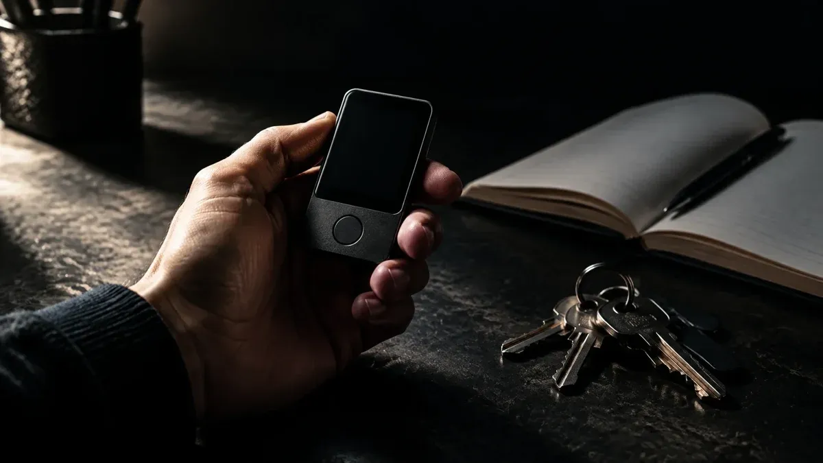Hand hält ein markenloses Hardware-Sicherheitsgerät mit dunklem Display über einer Werkbank, daneben ein aufgeschlagenes Notizbuch und ein Schlüsselbund