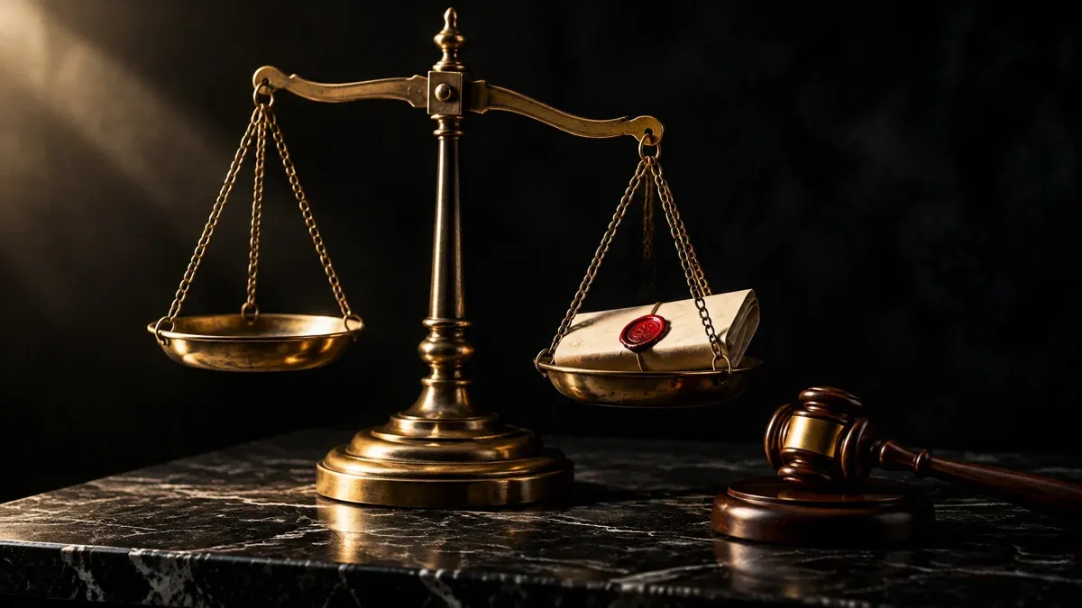 Messingfarbene Balkenwaage auf dunklem Marmor mit einem gefalteten Dokument mit rotem Wachssiegel in der rechten Schale, daneben ein hölzerner Richterhammer