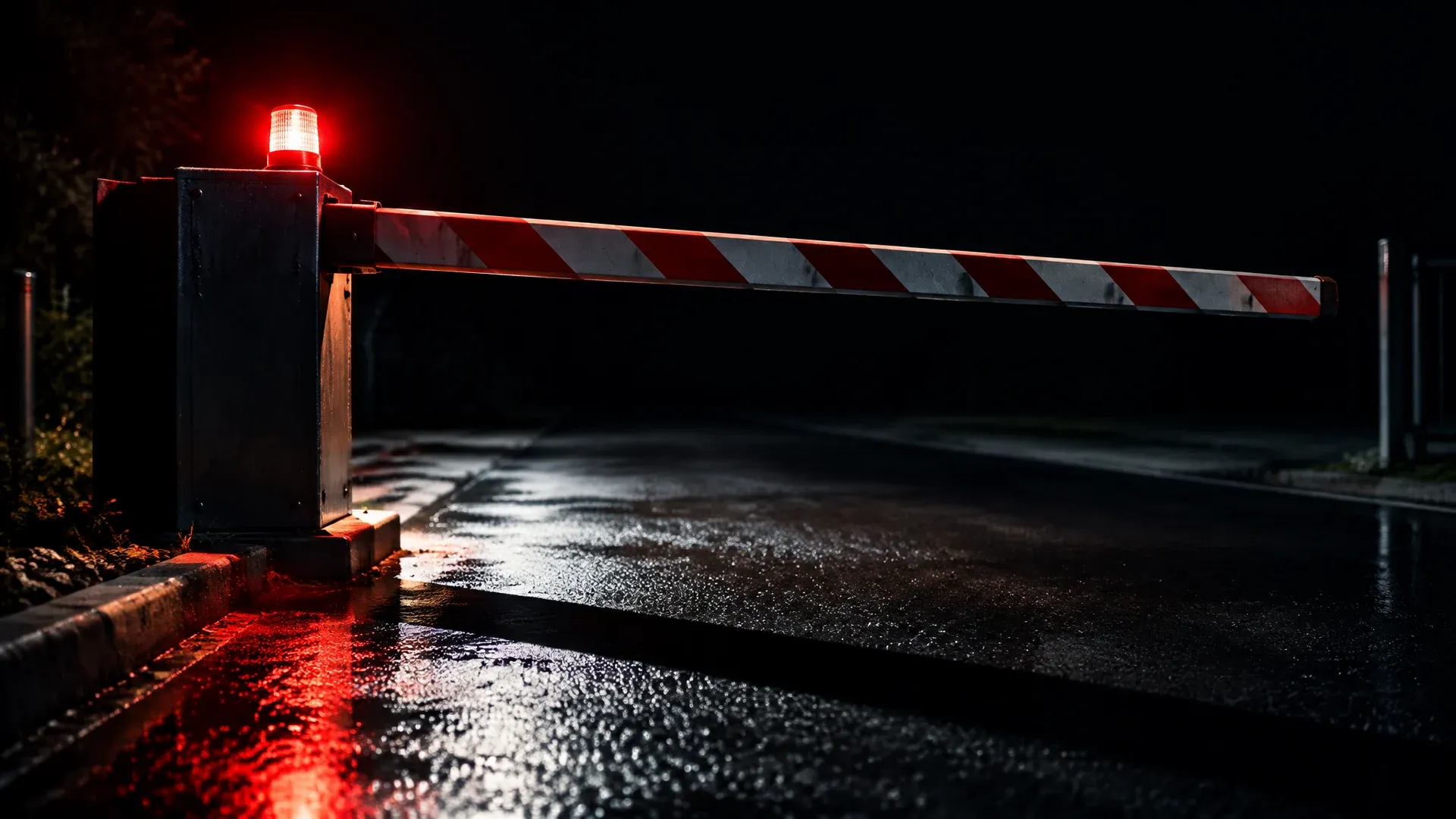 Schwere Stahlschranke senkt sich vor einer leeren nächtlichen Zufahrt, Warnlicht auf nassem Asphalt