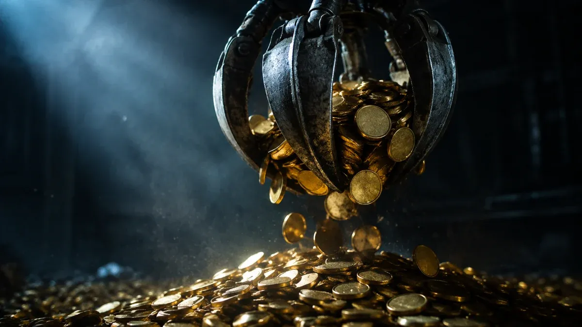 Eine Greifklaue aus Stahl hebt unbeschriftete Goldmünzen aus einem Haufen