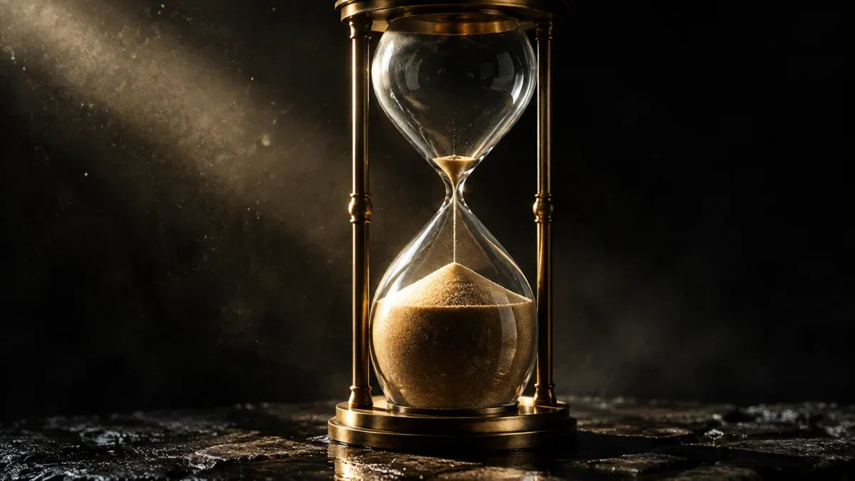 A brass hourglass on a wet stone slab, the upper funnel almost empty and the stream of sand close to breaking