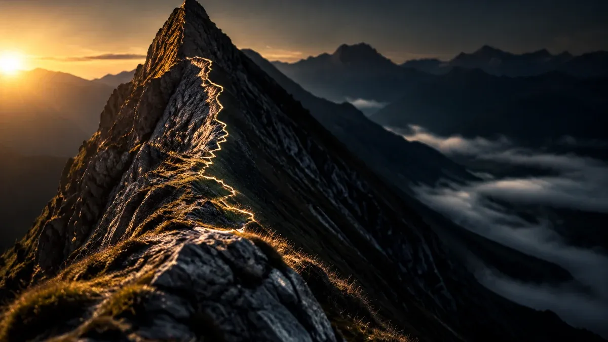 A sharp mountain ridge in morning light, a single rock pinnacle on the left, a long descending flank in shadow behind it on the right