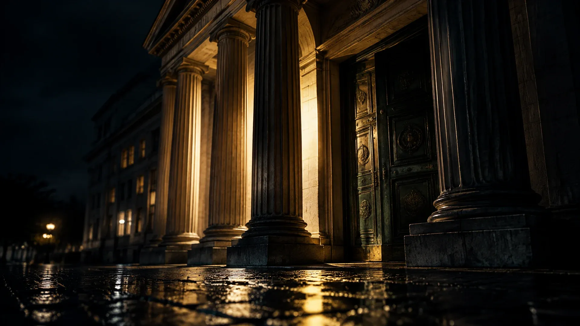 Columned portal of a neoclassical central bank building at night, wet cobblestones in front of it