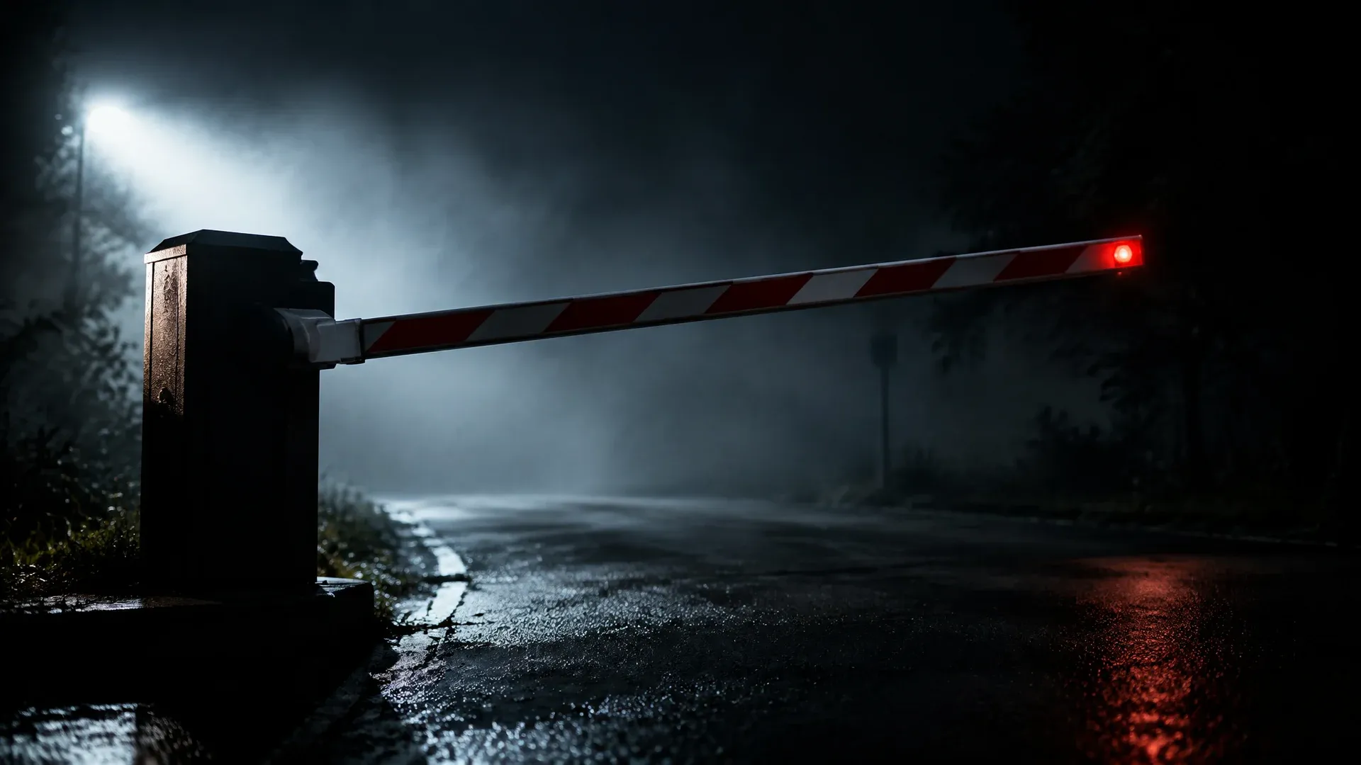 Half-closed barrier gate in front of a driveway at night, caught in headlights
