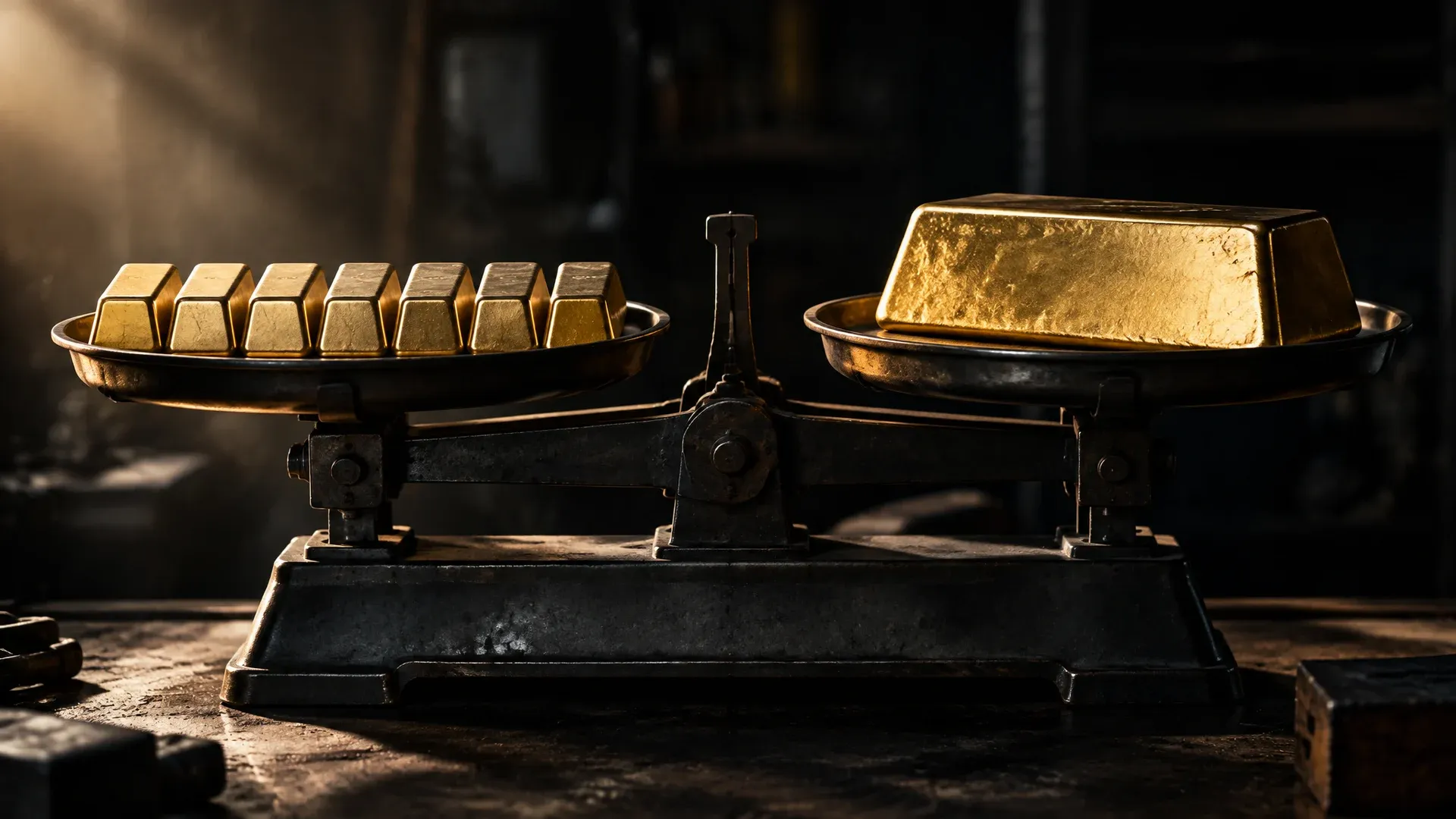 Sieben kleine Goldbarren auf der einen Waagschale, ein einzelner großer Barren auf der anderen