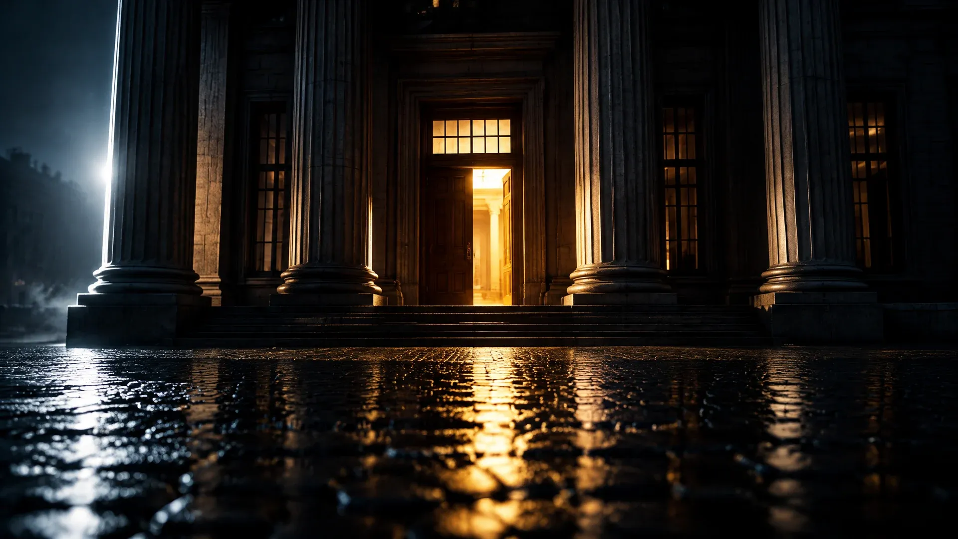 Klassizistisches Säulenportal einer Bankzentrale bei Nacht, eine einzelne erleuchtete Tür zwischen den Säulen