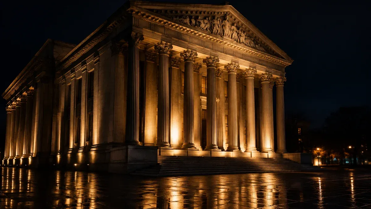 Klassizistisches Bankgebäude mit Säulen bei Nacht, angestrahlt