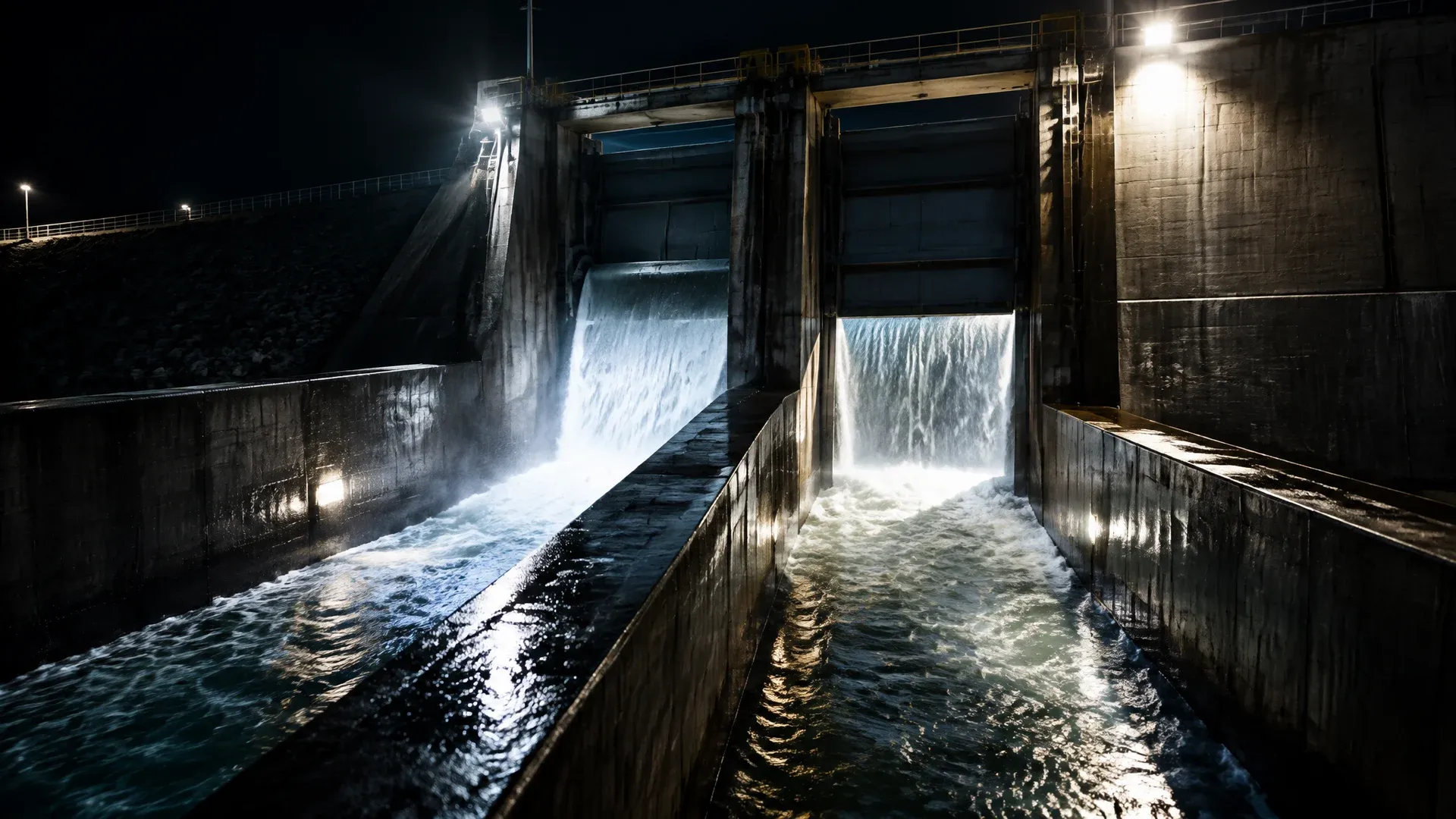Geoeffnetes Schleusentor eines Staudamms bei Nacht, das Wasser faellt in zwei durch eine Betonmauer getrennte Kanaele
