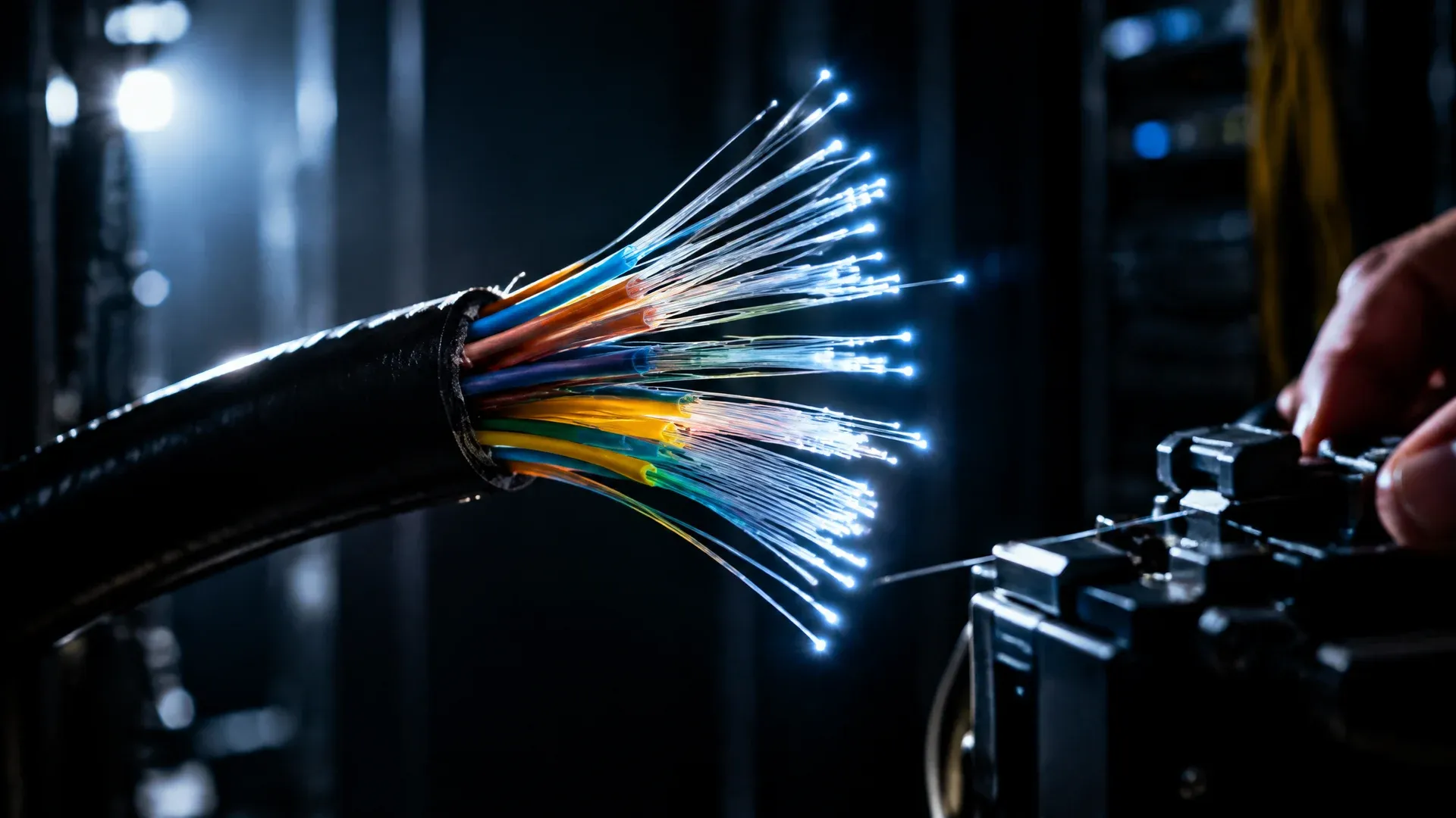 Aufgefächertes Bündel Glasfaserkabel in einem dunklen Technikraum, die Enden leuchten im Gegenlicht