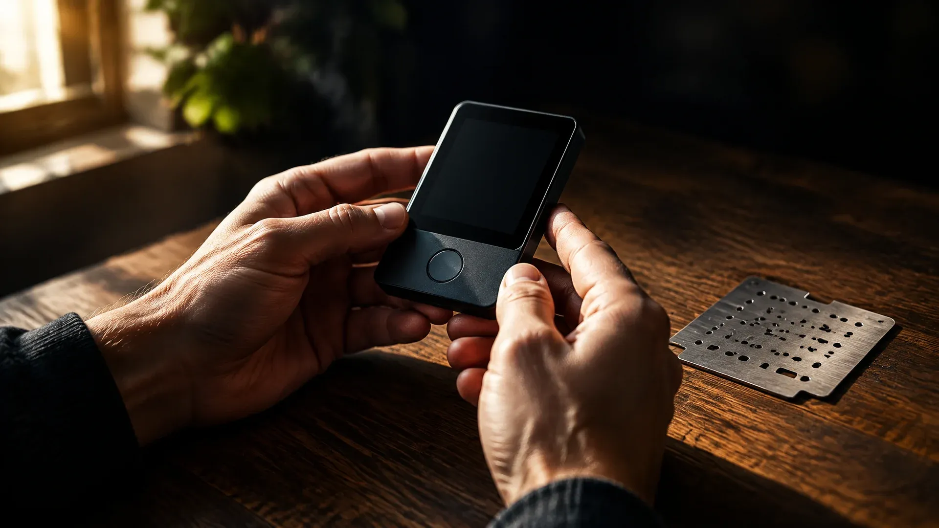 Zwei Hände halten eine markenlose Hardware-Wallet mit dunklem Display über einem Holztisch