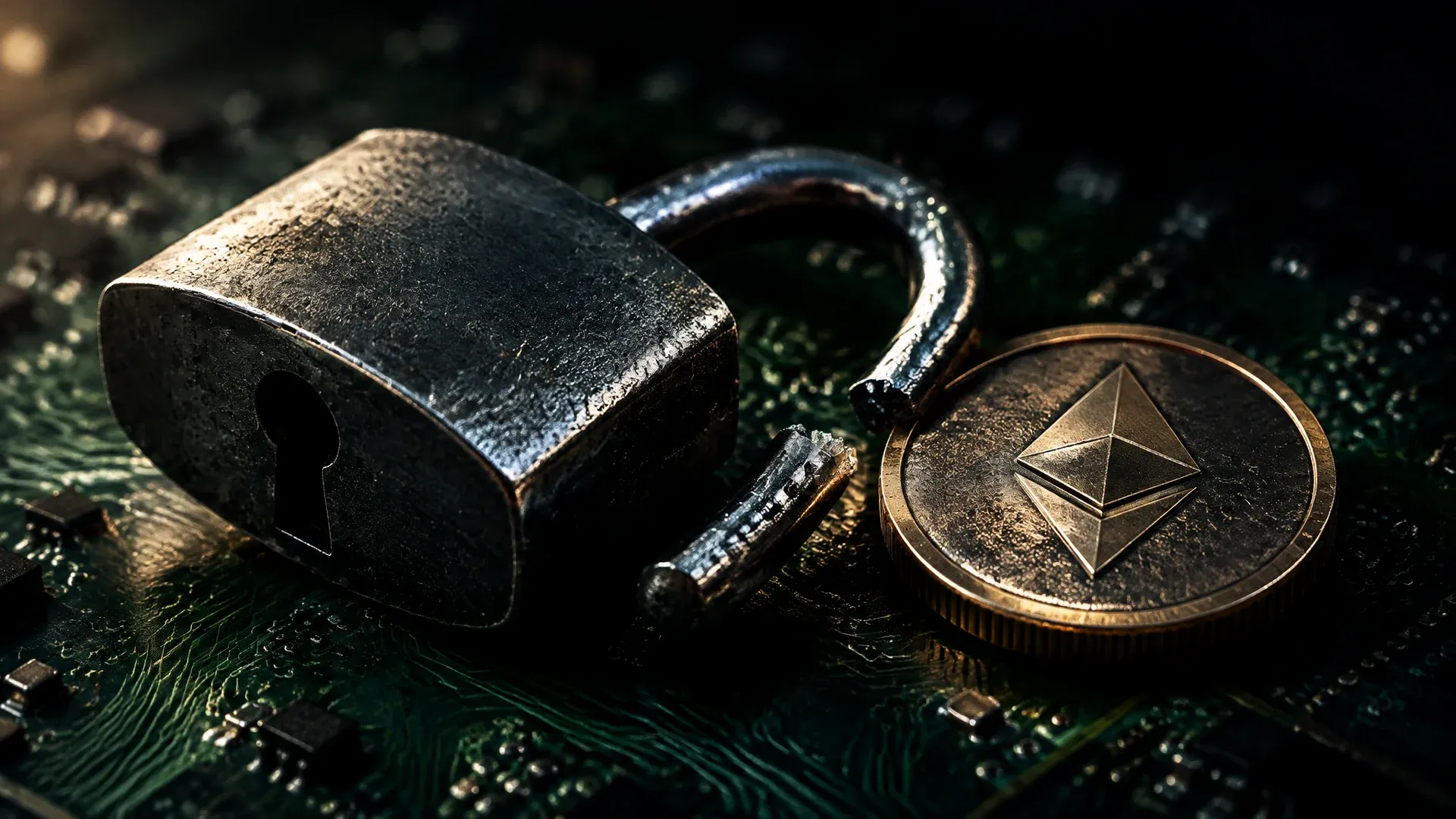 Aufgebrochenes Vorhängeschloss auf einer Platine neben einer Ethereum-Münze