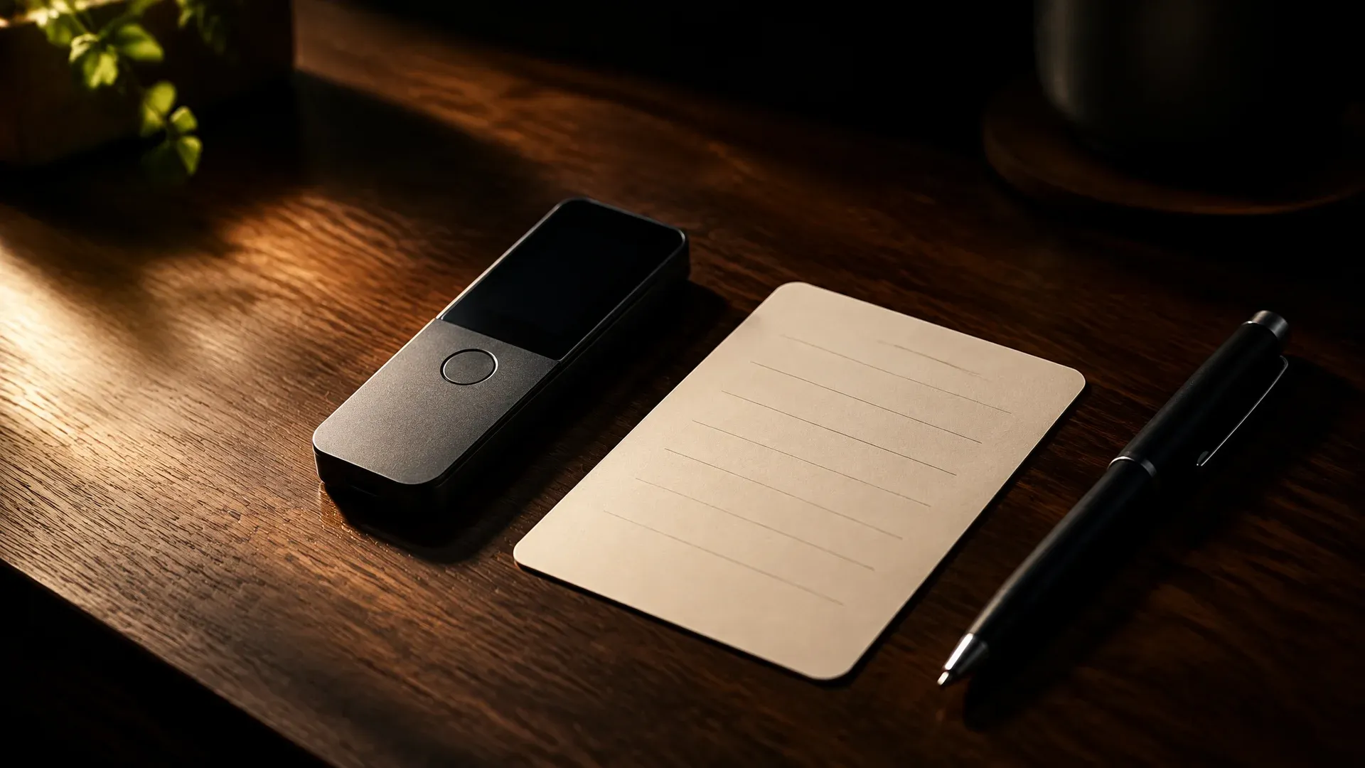 Neutrale Hardware-Wallet neben einer leeren Wiederherstellungskarte auf einem dunklen Holztisch