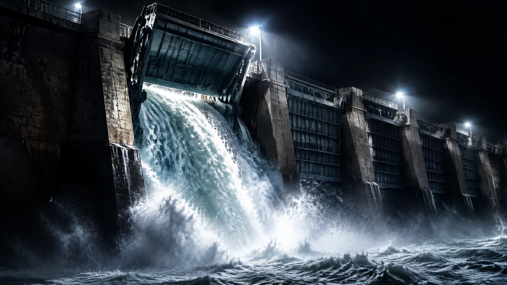 Nächtliches Wehr aus Beton und Stahl, eine Schuetze angehoben mit stuerzendem Wasser, die uebrigen geschlossen