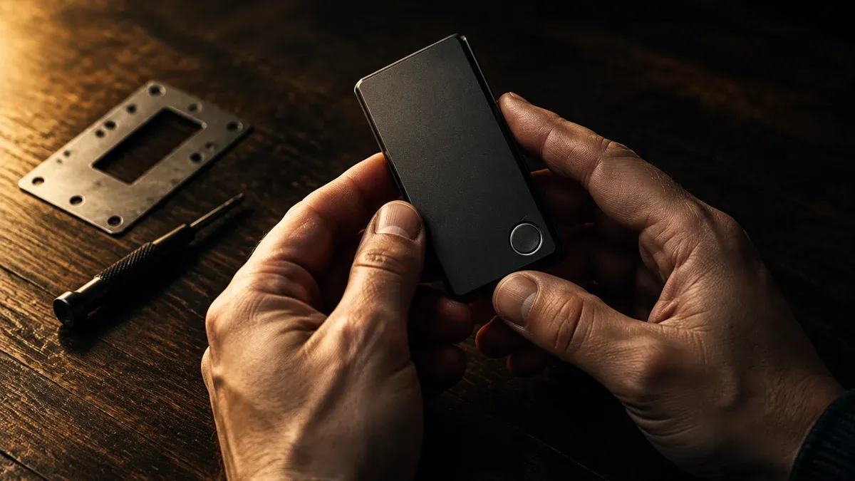 Zwei Hände halten ein schlichtes schwarzes Hardware-Wallet ohne Aufschrift über einen dunklen Holztisch, daneben eine gestanzte Metallplatte und ein Schraubendreher