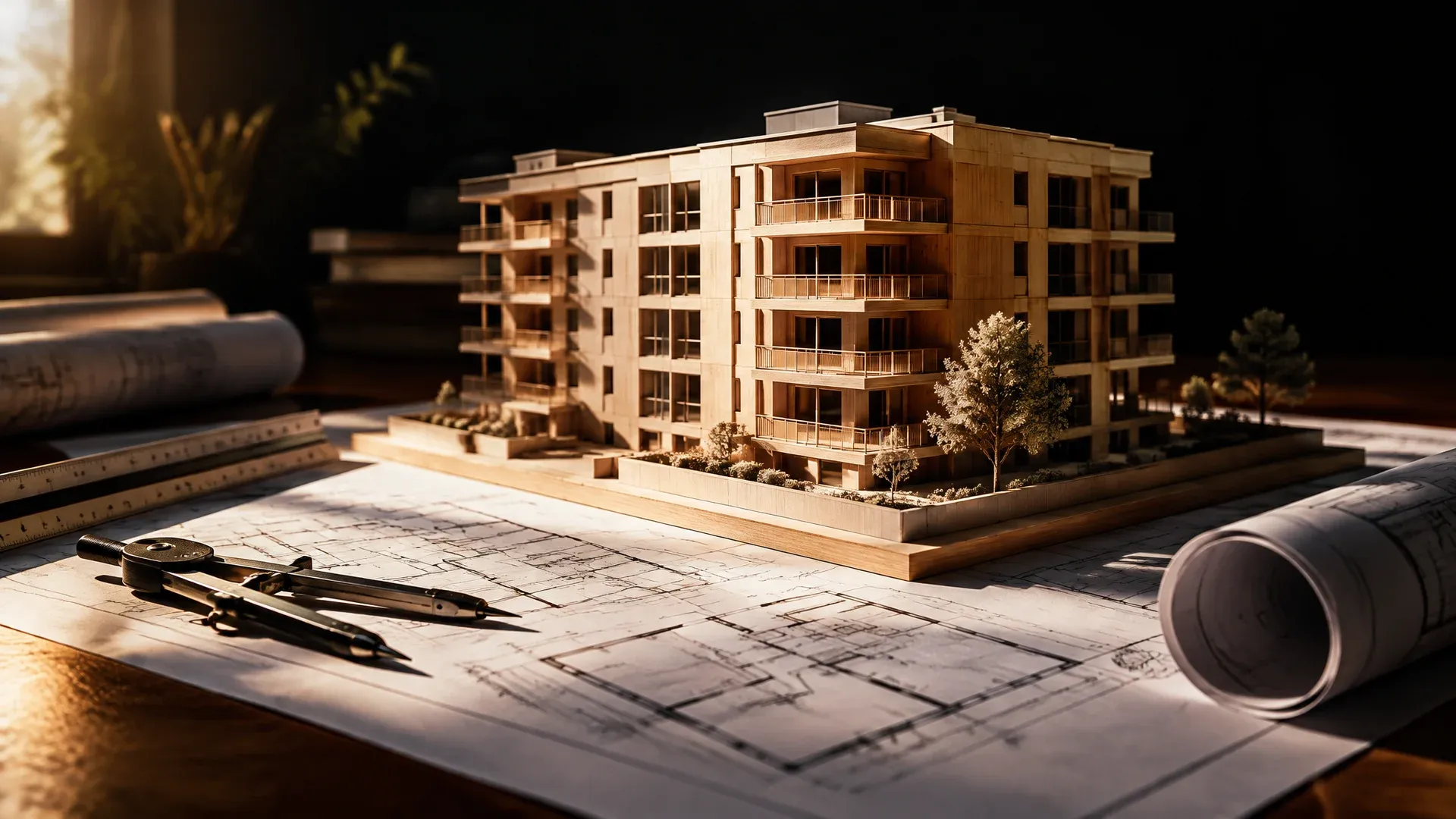 Präzises Holzmodell eines Mehrfamilienhauses auf einem Architektentisch, darunter ausgerollte technische Grundrisse, Maßstab und Zirkel daneben