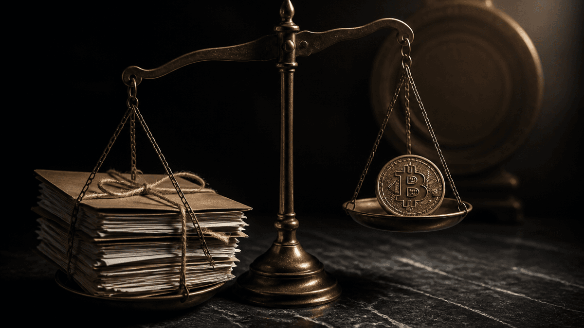 Eine Messing-Balkenwaage auf dunklem Stein, auf der einen Seite ein schwerer Stapel verschnürter Akten, auf der anderen eine einzelne Bitcoin-Münze