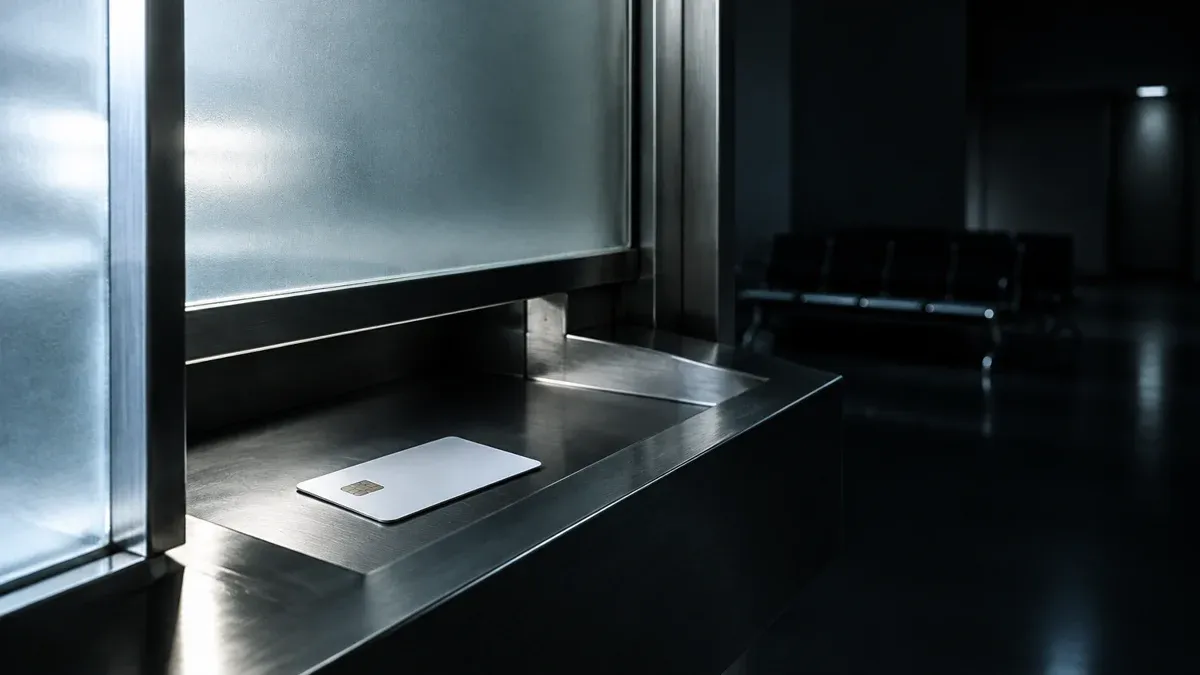 Geschlossener Amtsschalter aus Milchglas und gebürstetem Stahl, in der Metall-Durchreiche liegt eine blanke Chipkarte ohne Aufschrift, kaltes Seitenlicht, dahinter ein leerer Warteraum