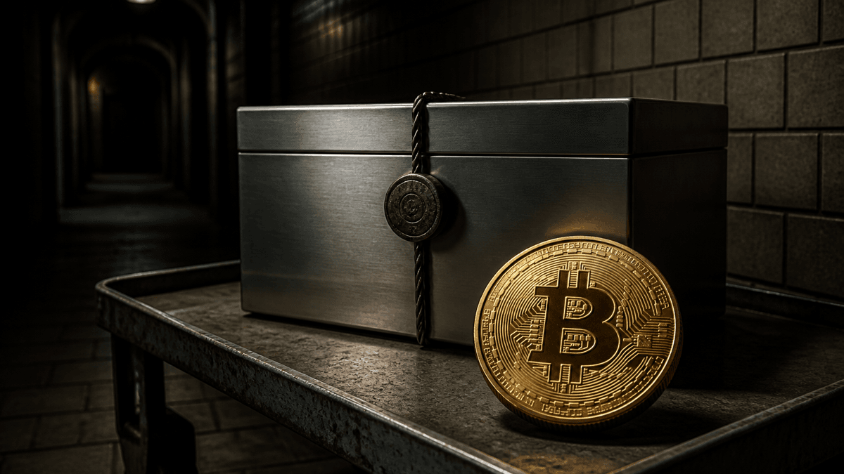 Caja metálica lisa y precintada, con el sello de plomo intacto, sobre una carretilla en un pasillo oscuro de sótano y, delante, una moneda de oro con el símbolo de Bitcoin