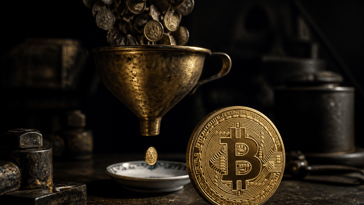 Embudo de latón sobre un banco de trabajo, por arriba se precipita un chorro de monedas mates y por abajo cae una sola moneda brillante en un cuenco, con una moneda de oro con el símbolo de Bitcoin delante
