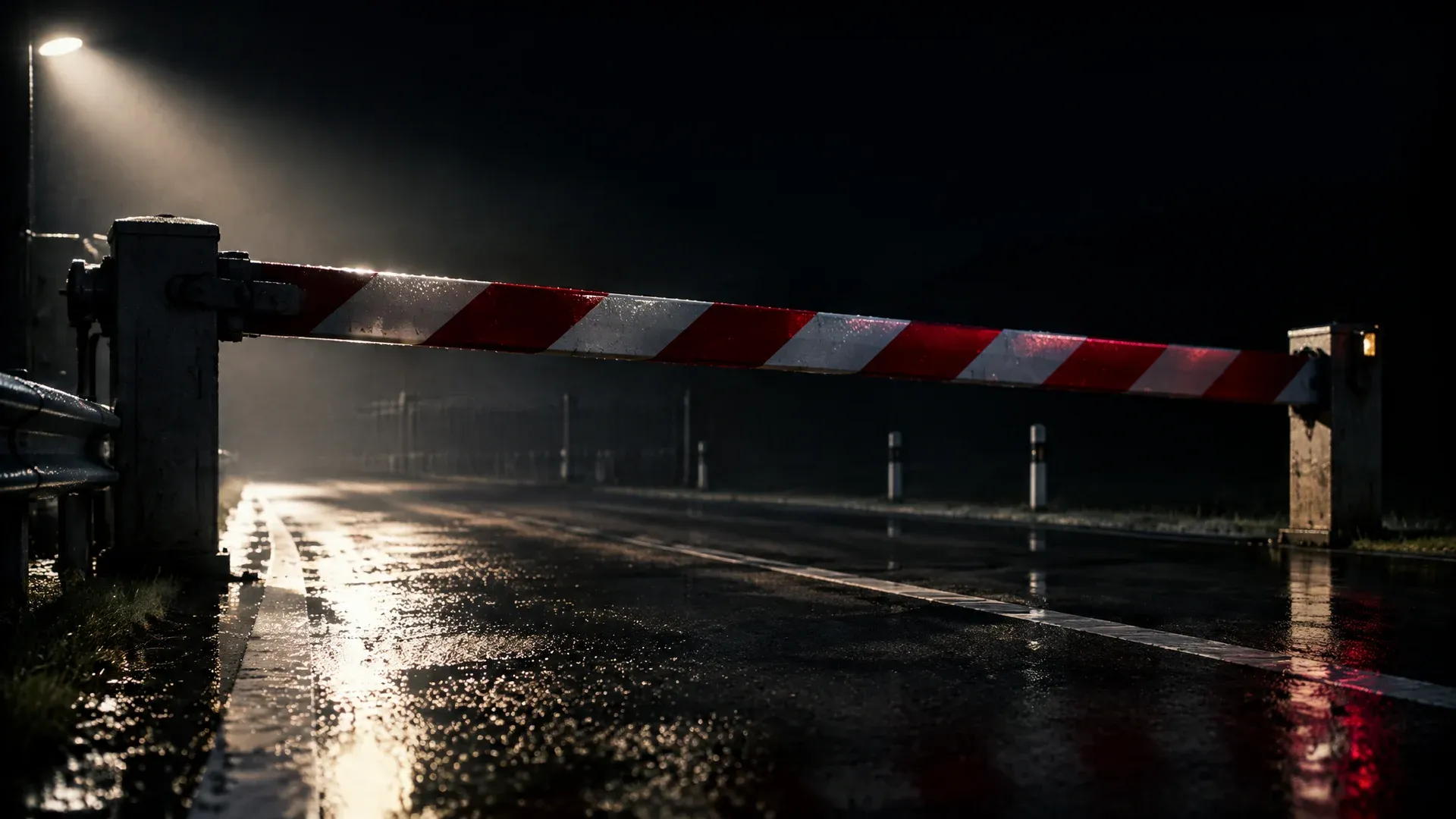Eine gestreifte Schranke senkt sich bei Nacht quer über eine leere Grenzstraße
