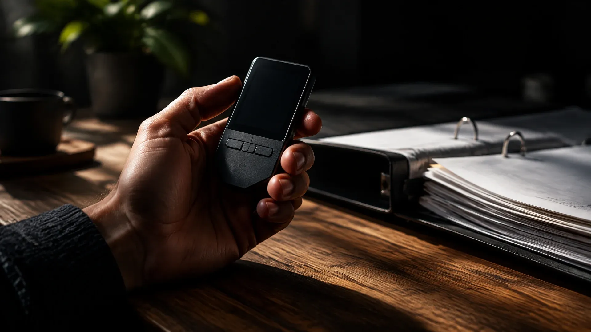 Eine Hand hält eine markenlose Hardware-Wallet mit dunklem Display über einem Küchentisch neben einem Aktenordner