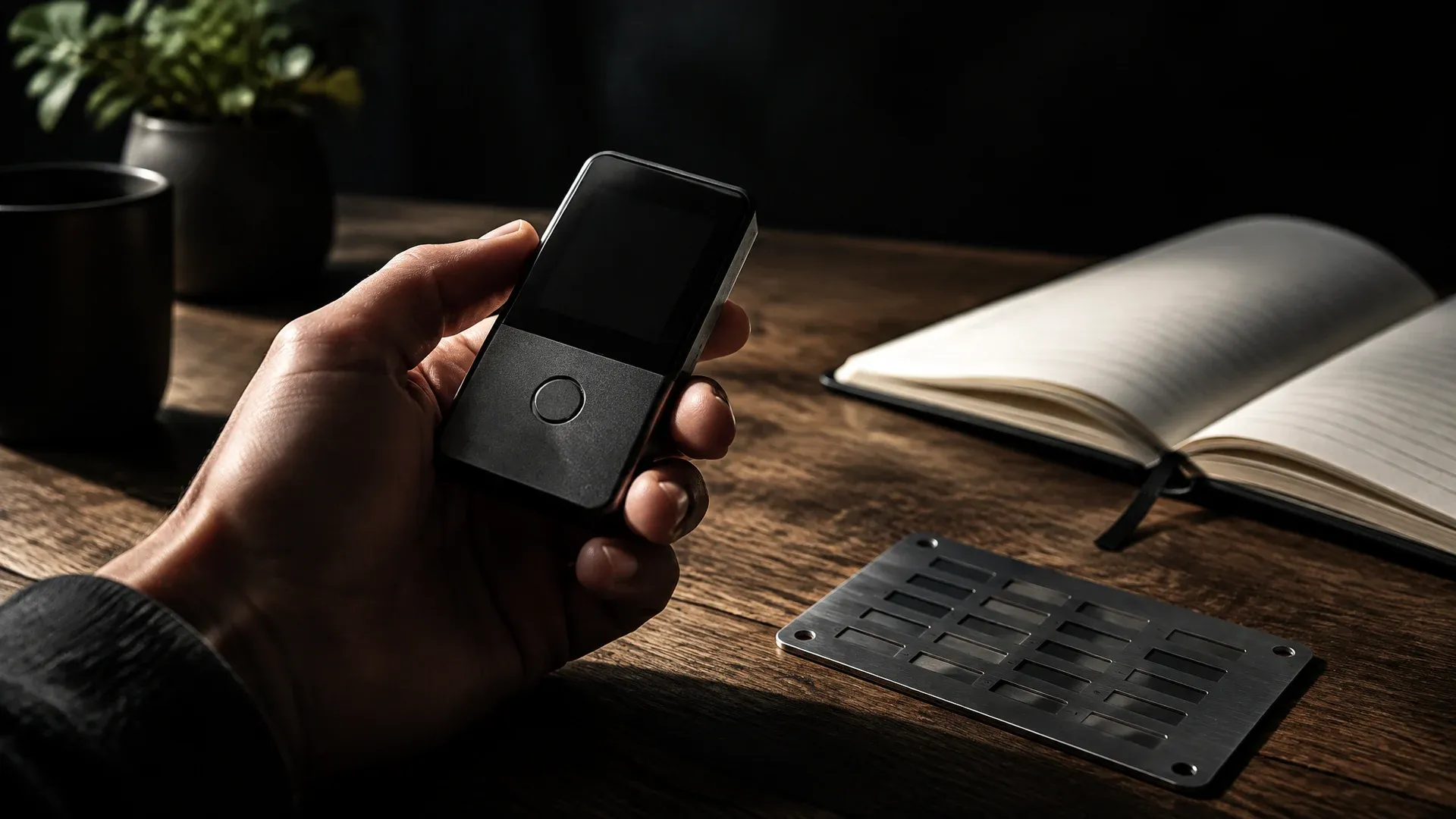 Markenlose Hardware-Wallet in einer Hand über einem Küchentisch mit dunklem Display, daneben ein Notizbuch und eine Metallplatte mit gestanzten Feldern