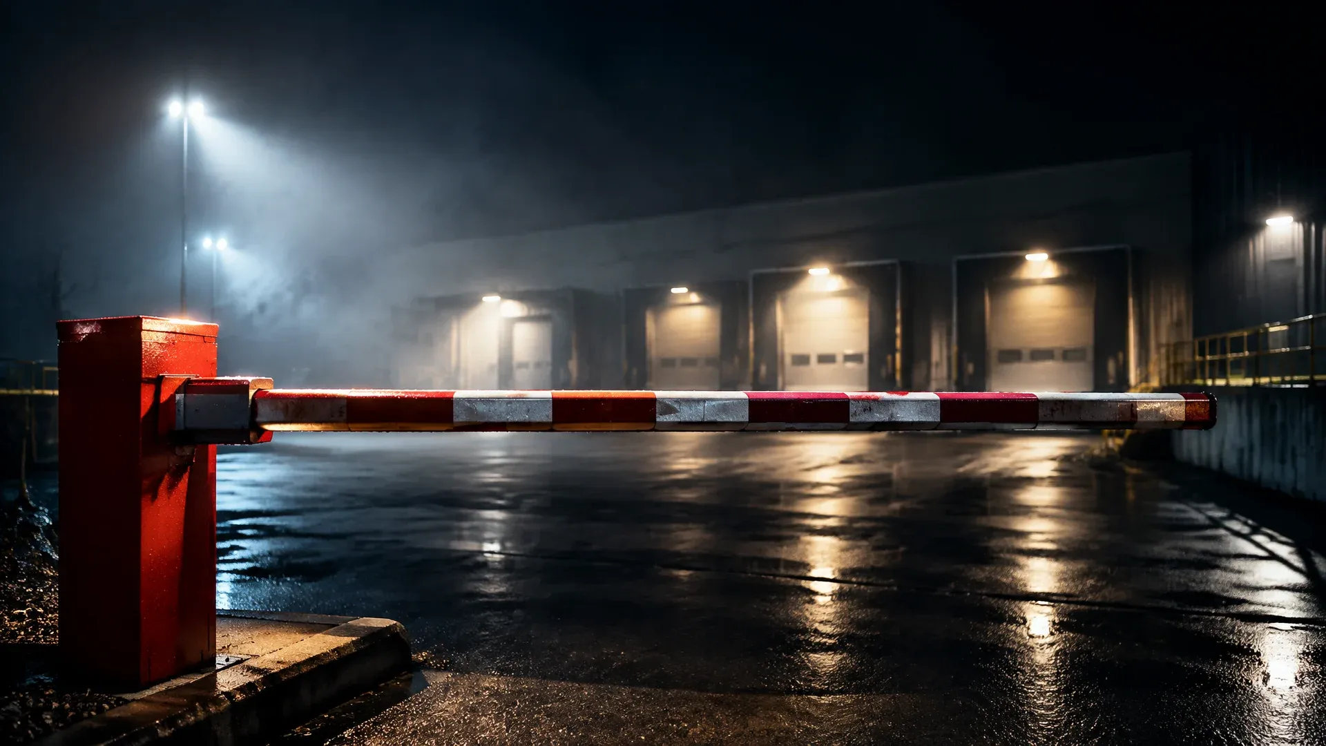 Closed red-and-white barrier in front of the night-time entrance to an empty settlement yard with lit loading bays