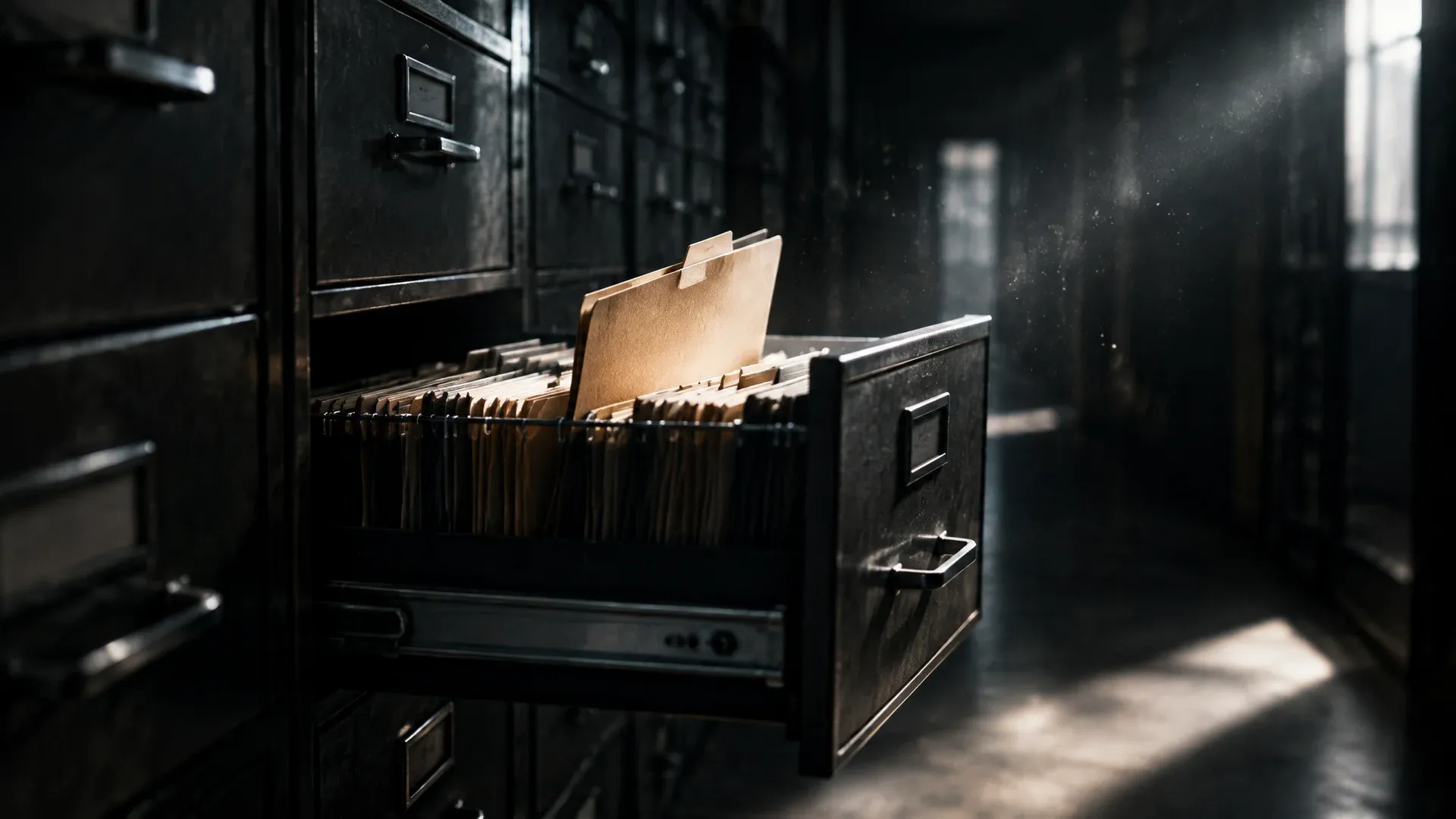 Pulled-out suspension file drawer in a darkened archive aisle, a single folder standing well clear of the rest