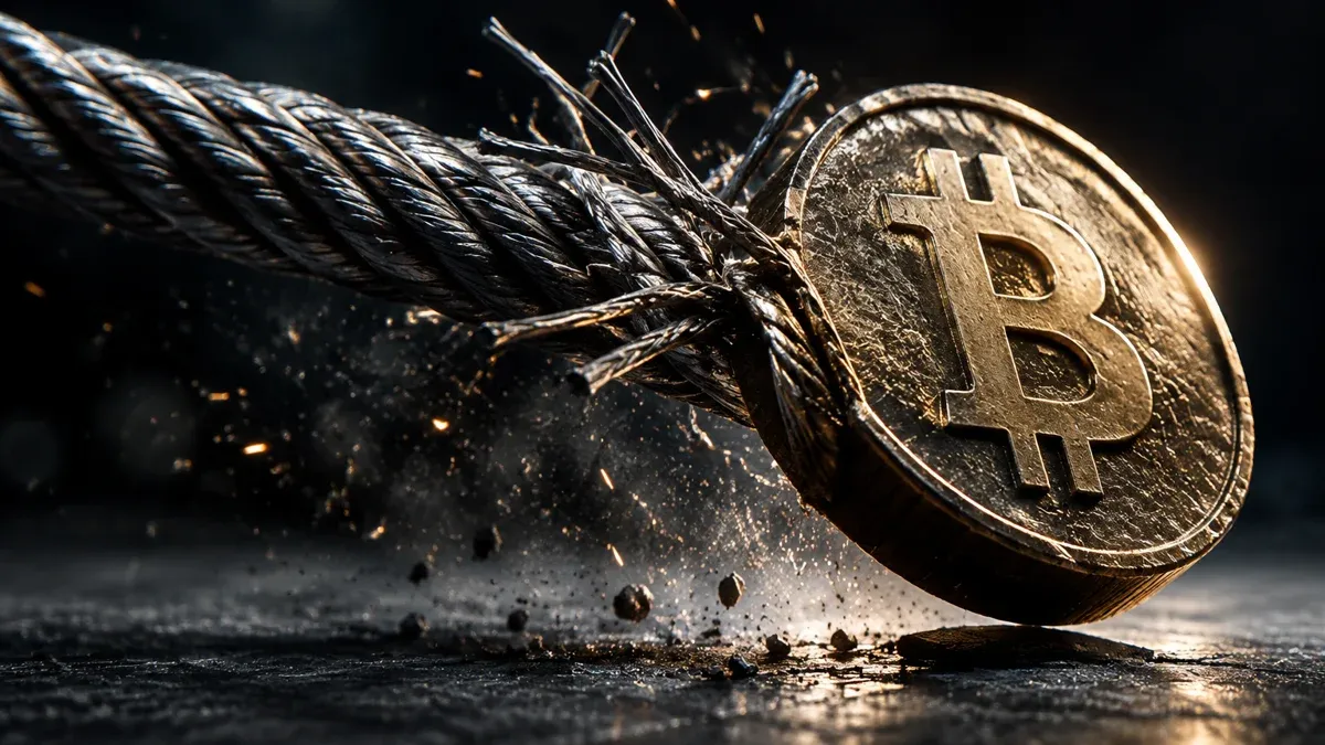 Ein dickes Stahlseil unter Zugspannung, an einer Metallmünze mit eingeprägtem Bitcoin-Zeichen verankert, einzelne Litzen platzen auf.