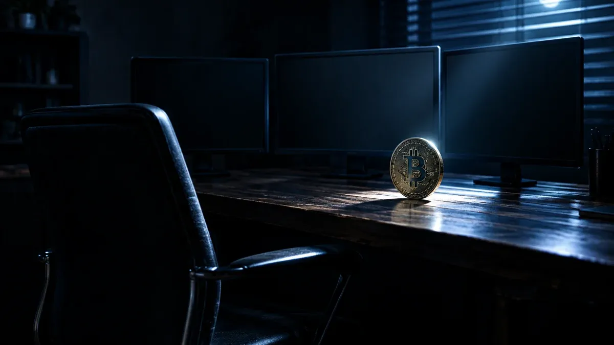 Ein leerer Bürostuhl vor drei erloschenen Bildschirmen, auf dem Tisch steht aufrecht eine Metallmünze mit eingeprägtem Bitcoin-Zeichen im Mondlicht.