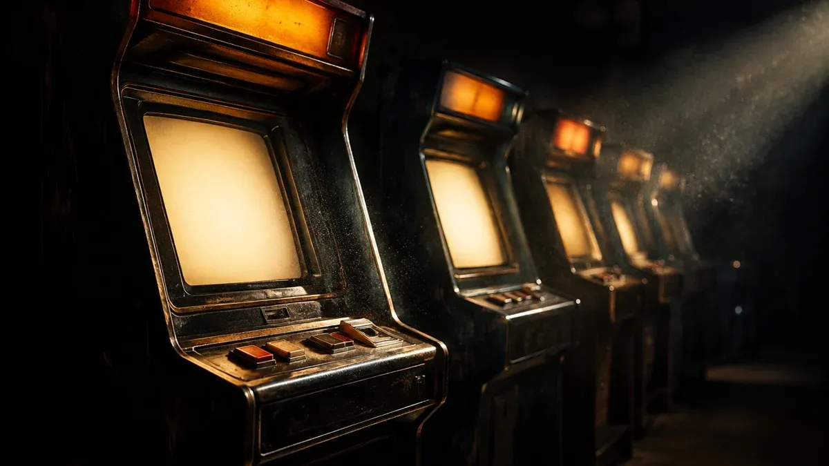 Reihe alter Spielhallenautomaten in einem dunklen Raum, die Bildschirme leer und von innen beleuchtet
