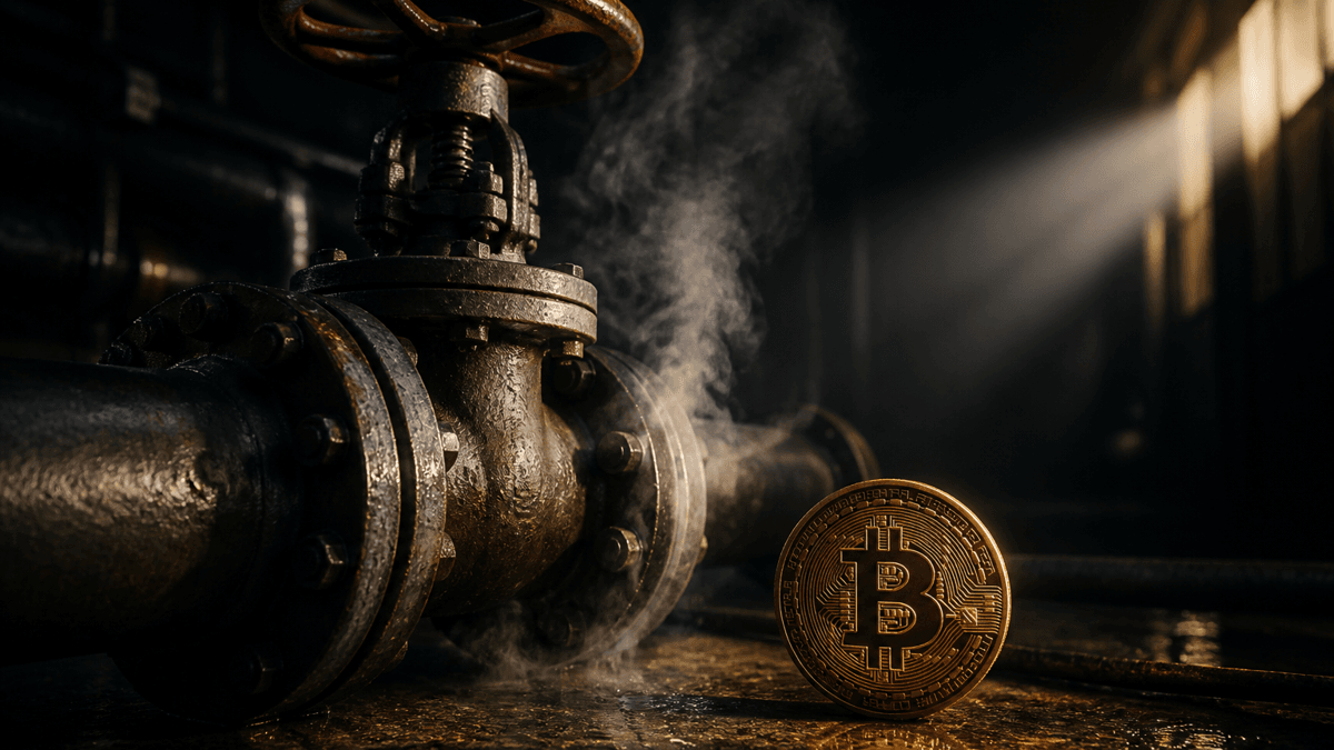 Half-closed shut-off valve on a steaming steel pipeline, with a Bitcoin coin standing upright in front of it