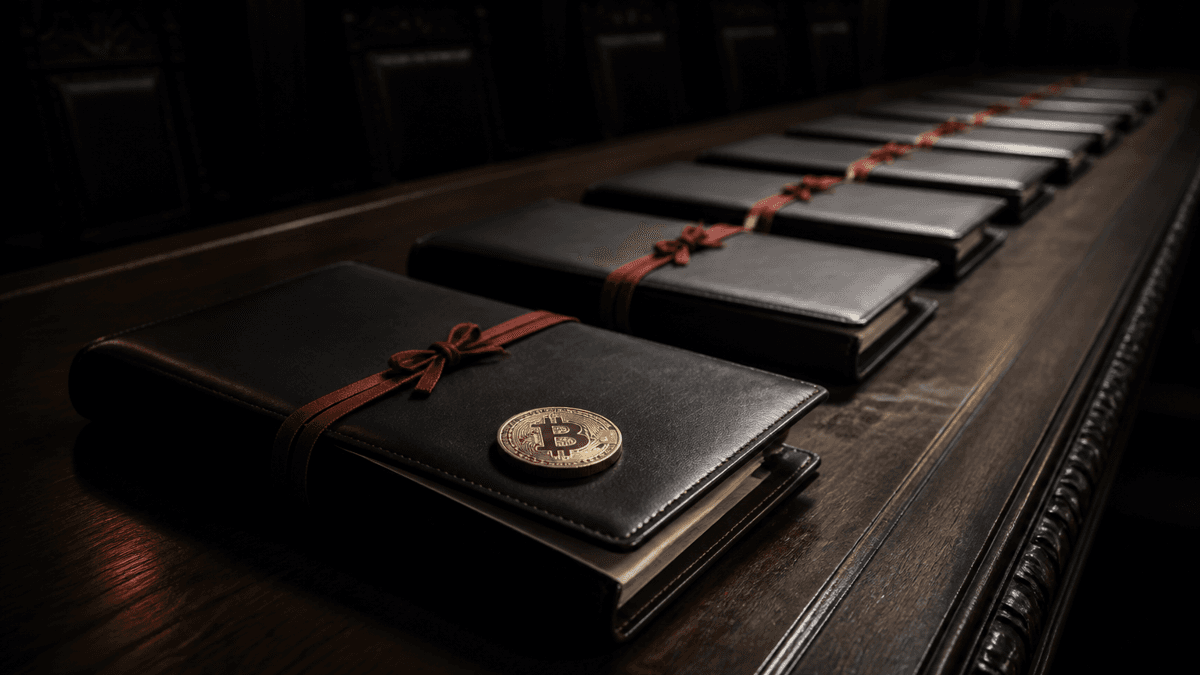 Six red-corded leather folders in a row on a dark conference table, with a Bitcoin coin lying on the front one