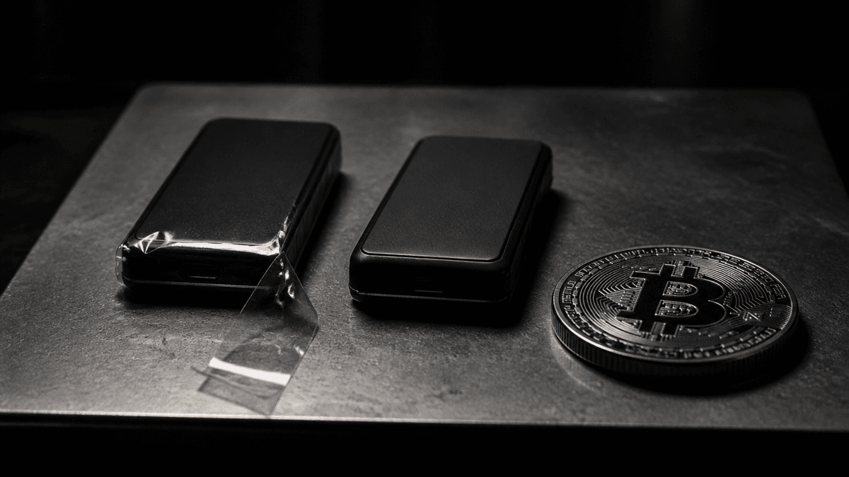 Zwei äußerlich identische schwarze Elektronikgeräte auf einer Metallplatte, bei einem hängt die aufgerissene Siegelfolie herab, daneben eine Münze mit Bitcoin-Zeichen
