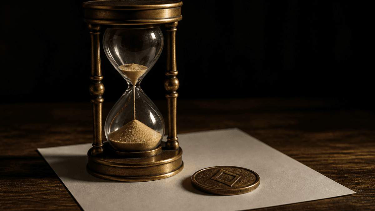 Fast leergelaufene Messing-Sanduhr auf einem leeren, unbedruckten Blatt Papier, daneben eine Münze mit rautenförmigem Symbol