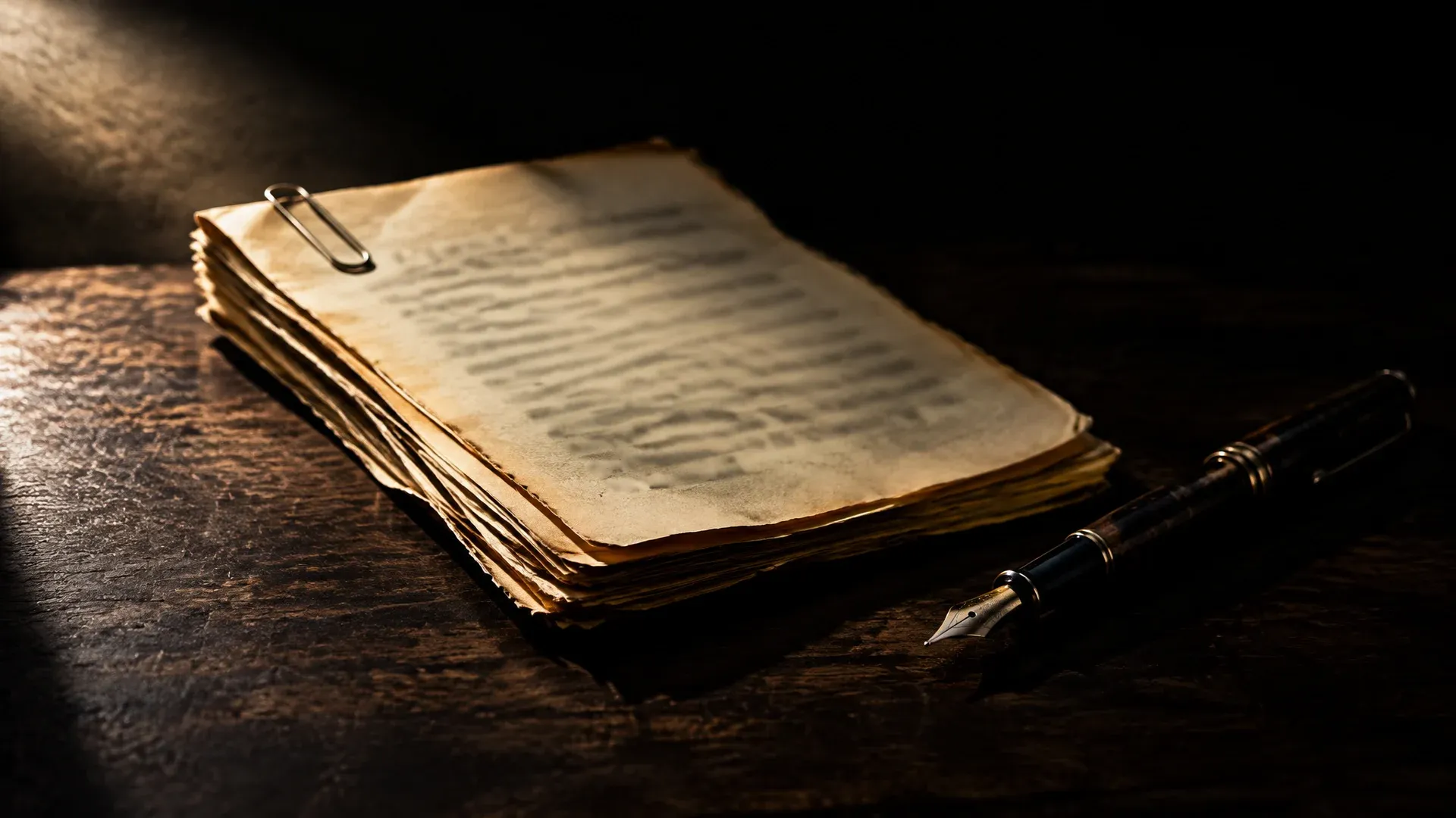 Liasse de papier jauni sous une lumière rasante, symbole du livre blanc de Bitcoin de Satoshi Nakamoto