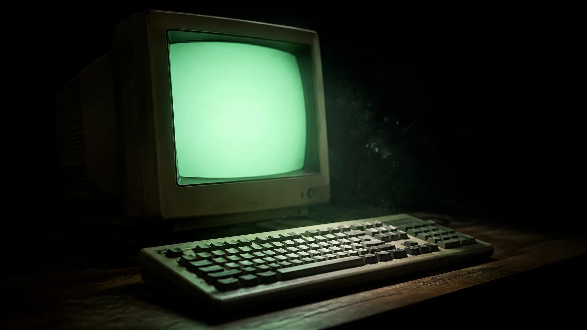 Vieux moniteur cathodique lumineux dans une pièce sombre, symbole des débuts de Bitcoin avec Satoshi Nakamoto