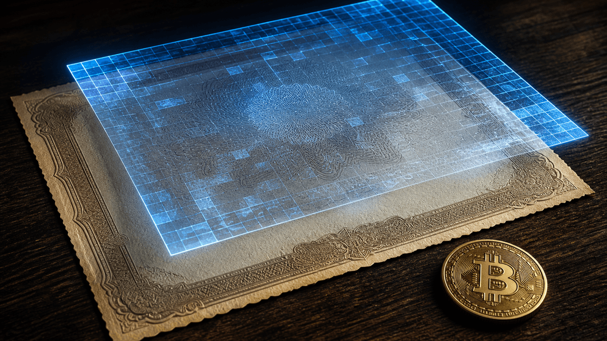 An ornate share certificate on handmade paper resting on dark wood, above it a glowing blue glass tile structure, next to it a coin
