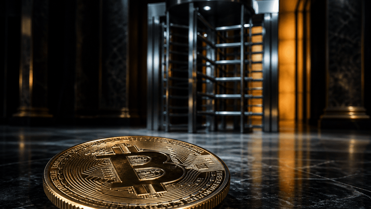 A chrome turnstile acting as an access barrier in a dark marble foyer, in front of it a large coin bearing the Bitcoin symbol
