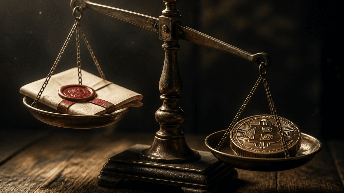Antike Messing-Balkenwaage mit einem gesiegelten Dokument auf der linken und einer Muenze mit Bitcoin-Zeichen auf der rechten Schale