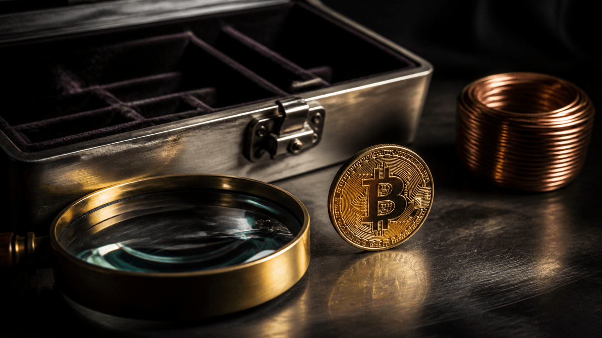 Eine Werkbank mit geoeffneter Metallkassette mit Samtfutter, einer grossen Messinglupe, aufgerolltem Kupferdraht und einer aufrecht stehenden goldenen Muenze mit Bitcoin-Zeichen.