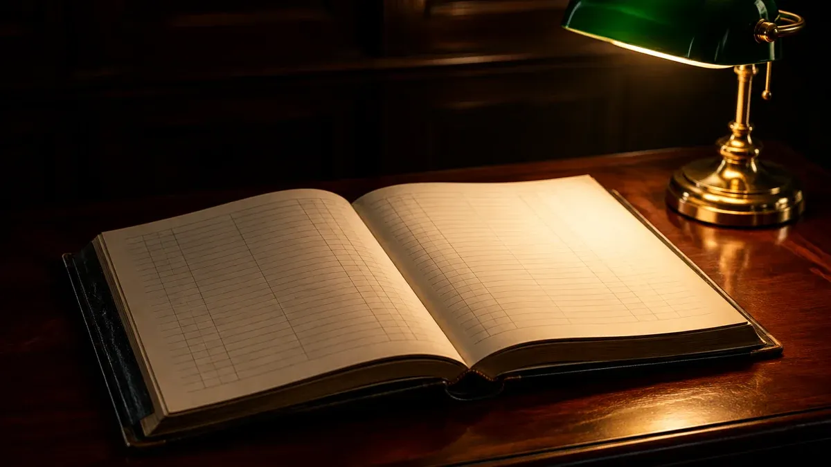 Aufgeschlagenes ledergebundenes Registerbuch mit leeren Linien auf einem Mahagonipult neben einer Bankierslampe