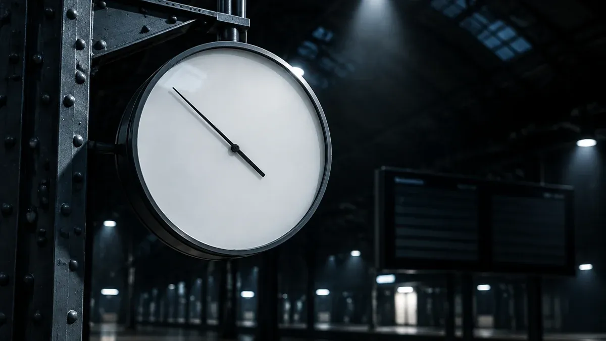 Große runde Bahnhofsuhr mit leerem Zifferblatt ohne Ziffern in einer nachtdunklen Halle